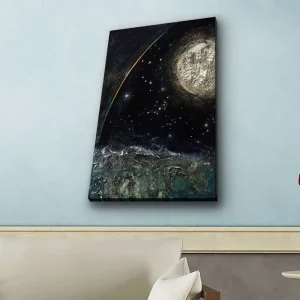 Rabatt Canvastavla med LED-belysning - Storslagen rymdscen med en planet och stjärnor Mörkblå / Grön / Vit - Inredning