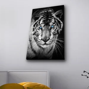 Nyhet Canvastavla med LED-belysning - Porträtt av en vit tiger med blå ögon Svart / Vit / Blå - Inredning