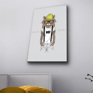 Canvastavla med LED-belysning - Katt med hipsterstil i kläder och glasögon Gul / Brun / Vit - Inredning I lager