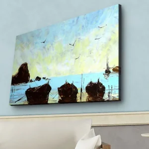 Sänkt pris Canvastavla med LED-belysning - Båtar vid en stilla havsstrand under en klar himmel Blå / Brun / Gul - Inredning