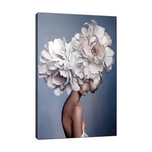Fri frakt Canvastavla - Porträtt av en kvinna med en stor blomsterkrans som huvudprydnad Vit / Ljusrosa / Beige - Inredning