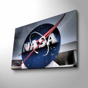 Canvastavla med LED-belysning - NASA:s ikoniska logotyp med en blå cirkel och röd bana Blå / Röd / Vit - Inredning Fynd