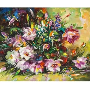 Canvastavla - Färgrik bukett av blommor i livfulla nyanser Lila / Grön / Gul - Inredning Begränsad tid
