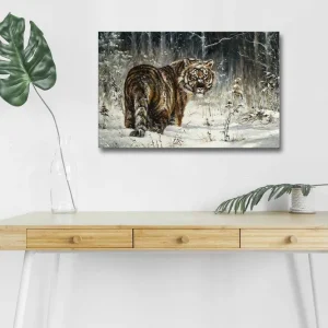 Canvastavla med LED-belysning - Tiger i snöig skogsmiljö Orange / Vit / Grå - Inredning Sista chansen
