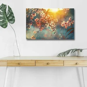 Handla nu Canvastavla med LED-belysning - Blommande grenar i mjukt ljus Rosa / Blå / Guld - Inredning
