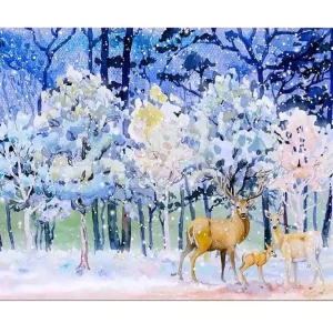 Canvastavla - Vinterlandskap med rådjur och snöklädda träd Blå / Vit / Beige - Inredning Endast idag