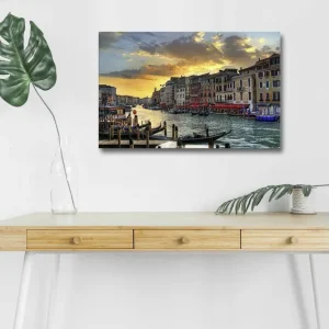 Canvastavla med LED-belysning - Vacker vy över en venetiansk kanal vid solnedgången Blå / Orange / Beige - Inredning Populärt val
