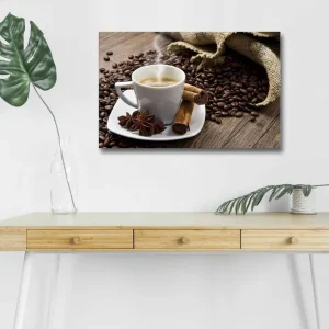 Erbjudandepris Canvastavla med LED-belysning - Kopp med ångande kaffe omgiven av kaffebönor och kryddor Brun / Vit / Beige - Inredning