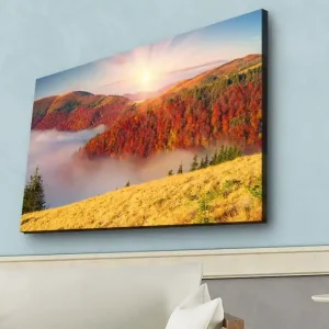 Begränsad tid Canvastavla med LED-belysning - Vacker höstlandskap med färgglada träd och soluppgång Röd / Orange / Gul - Inredning