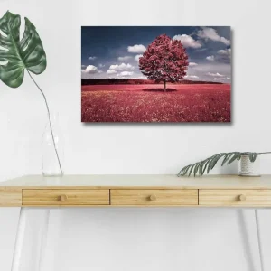 Canvastavla med LED-belysning - Ståtligt rosa träd på en färgglad äng Rosa / Grön / Blå - Inredning Sista chansen