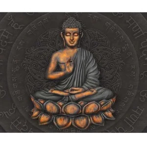 I lager Canvastavla - Buddha i meditationsställning på en lotusblomma Grå / Orange / Svart - Inredning