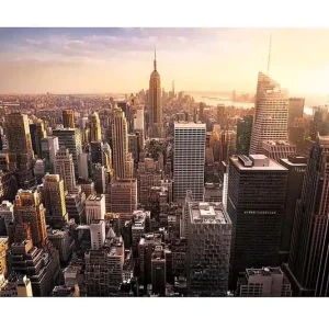 Nyhet Canvastavla - Stadssilhuett av New York vid solnedgången Guld / Grå / Blå - Inredning
