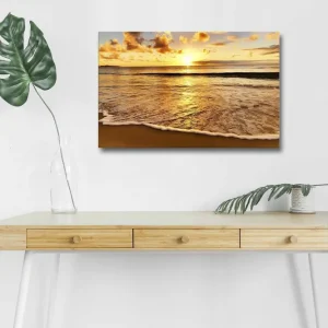 Canvastavla med LED-belysning - Solnedgång över havet med reflektioner på vattnet Guld / Blå / Sandbeige - Inredning Premium