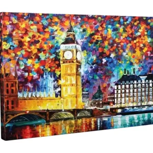 Canvastavla - Färgglad stadssiluett med Big Ben och floden Themsen Guld / Blå / Röd - Inredning risnedsättning