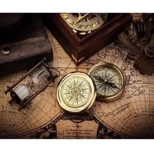 Canvastavla - Vintage navigationsverktyg på en gammal karta Guld / Brun / Beige - Inredning Erbjudande
