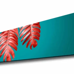 Canvastavla - Röda palmblad mot en turkos bakgrund Röd / Turkos - Inredning Billig