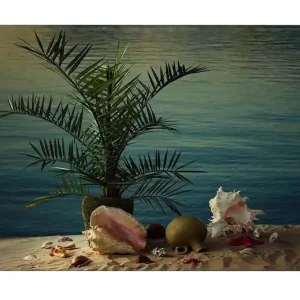 Canvastavla - Tropisk stillhet med palm och snäckor vid vattnet Grön / Beige / Rosa - Inredning Lägg i varukorgen