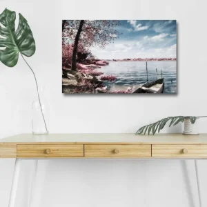 Fynd Canvastavla med LED-belysning - Lugn sjölandskap med båtar och blommande träd Rosa / Blå / Grå - Inredning