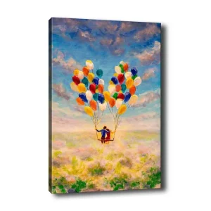Säker betalning Canvastavla - Par med ballonger som svävar över en blomstrande äng Gul / Grön / Blå - Inredning
