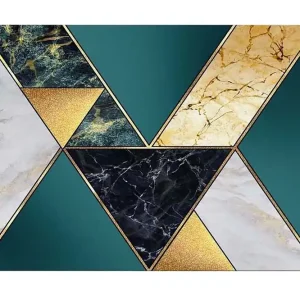 Nedsatt pris Canvastavla - Geometrisk komposition med trianglar i olika material och färger Mörkgrön / Guld / Svart - Inredning