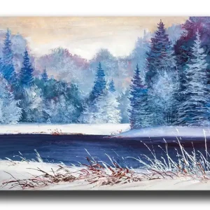 Nyhet Canvastavla - Vinterlandskap med snöklädda träd och en frusen sjö Blå / Vit / Lila - Inredning