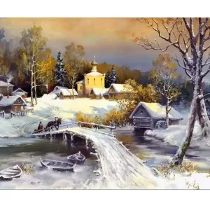 Beställ idag Canvastavla - Vinterlandskap med en bro och snötäckta hus Vit / Grå / Gul - Inredning