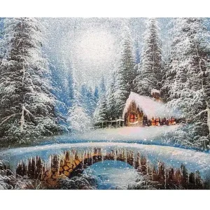 Canvastavla - Vinterlandskap med en stuga och snöklädda träd Vit / Blå / Brun - Inredning Säker betalning