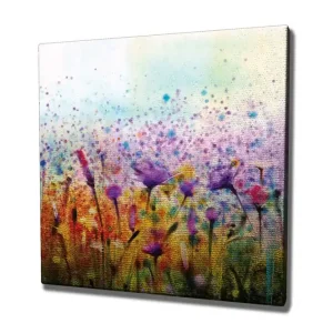 Canvastavla - Färgrik blomsteräng med fåglar i rörelse Lila / Gult / Grönt - Inredning Billig