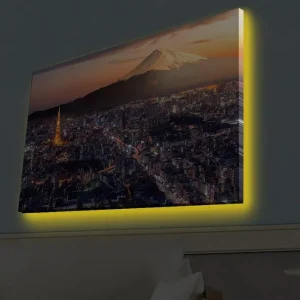 Rabatt Canvastavla med LED-belysning - Storslagen vy över Tokyo med Fuji berget i bakgrunden vid solnedgång Blå / Orange / Vit - Inredning