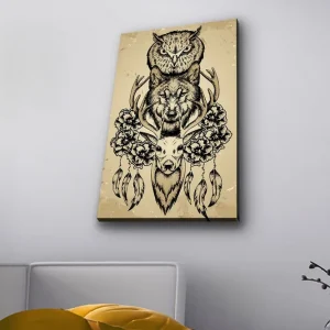 Canvastavla med LED-belysning - Djurkomposition med uggla, varg och rådjur omgiven av blommor och fjädrar Svart / Beige - Inredning Handla nu