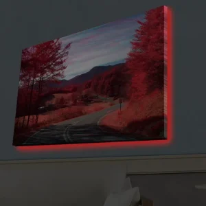 Canvastavla med LED-belysning - Vacker landskapsvy med röda träd och en slingrande väg Röd / Mörkröd - Inredning Bästa pris