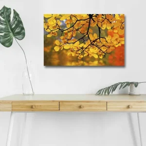 Canvastavla med LED-belysning - Gyllene höstlöv som hänger från en gren Guld / Grön / Orange - Inredning Erbjudandepris