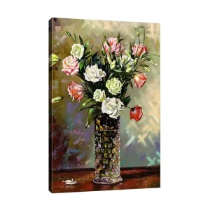 Canvastavla - Färgrik bukett av blommor i en glasvas Rosa / Vit / Grön - Inredning Begränsat erbjudande