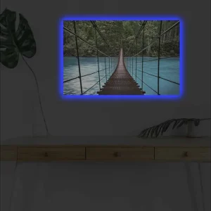 Canvastavla med LED-belysning - Hängbro över en klarblå flod omgiven av grönskande natur Grön / Blå / Brun - Inredning Nedsatt pris