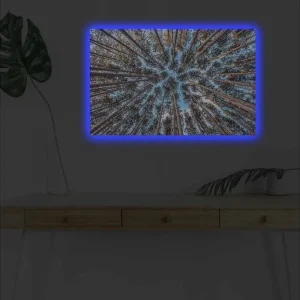 Canvastavla med LED-belysning - Utsikt uppåt genom trädtoppar i en skog Blå / Brun / Grön - Inredning Premium
