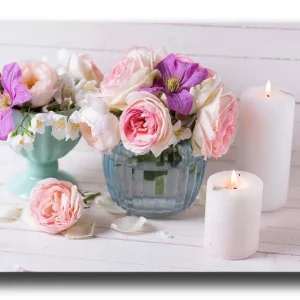 Canvastavla - Färgrik bukett av blommor i olika vaser Rosa / Lila / Vit - Inredning Trygg betalning