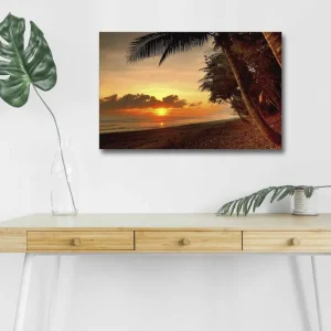 Canvastavla med LED-belysning - Solnedgång över en strand med palmer i förgrunden Orange / Mörkgrön / Brun - Inredning Erbjudande