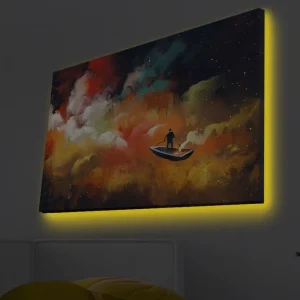 Canvastavla med LED-belysning - Människa i båt som navigerar genom färgglada moln Orange / Blå / Vit - Inredning Billig