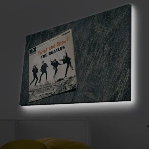 Endast idag Canvastavla med LED-belysning - Vintage skivomslag med The Beatles i aktion Svart / Grå / Beige - Inredning
