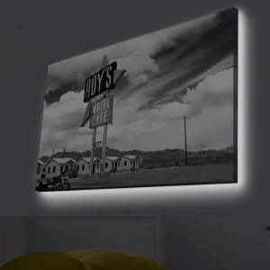 Canvastavla med LED-belysning - Nostalgisk skylt från ett motell i en ökenlandskap Svart / Vitt / Grått - Inredning Fynd