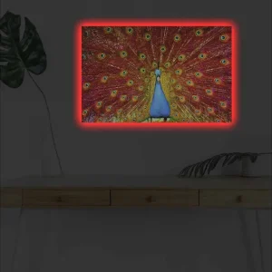 Köp online Canvastavla med LED-belysning - Praktfull påfågel med utspridda fjädrar i livfulla färger Röd / Blå / Grön - Inredning