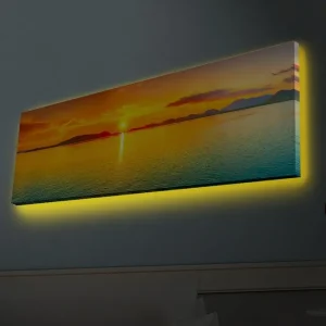 Trygg betalning Canvastavla med LED-belysning - Solnedgång över stilla vatten Orange / Blå / Guld - Inredning