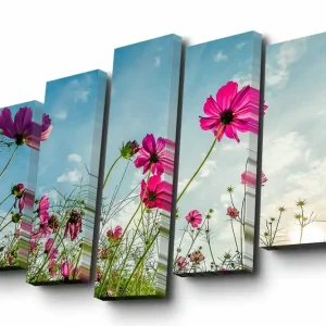 Erbjudande Canvastavla i 5 delar 82x50 cm - Färgglada blommor i en solig ängslandskap Rosa / Grön / Blå - Inredning