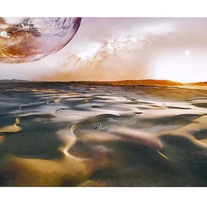 Canvastavla - Storslagen ökenlandskap med en planet i bakgrunden Guld / Grå / Orange - Inredning Snabb frakt