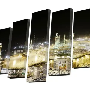 Rabatt Canvastavla i 5 delar 82x50 cm - Nattlig vy över den heliga platsen i Mecka med pilgrimsfärdande människor Guld / Svart / Vit - Inredning
