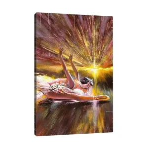 Canvastavla - Ballerina i en dynamisk pose med strålar av ljus bakom sig Guld / Rosa / Brun - Inredning Köp nu