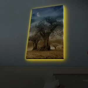 Canvastavla med LED-belysning - Mystisk landskap med silhuetter av träd under en måne Grå / Brun / Svart - Inredning Rabatt