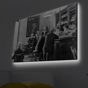 Canvastavla med LED-belysning - Livlig scen från en bar med människor i samtal och interaktion Svart / Vit / Grå - Inredning Rea