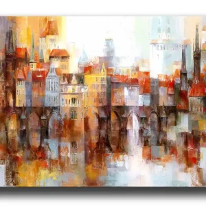 Handla nu Canvastavla - Färgglad stadsbild med historiska byggnader och broar Orange / Blå / Beige - Inredning