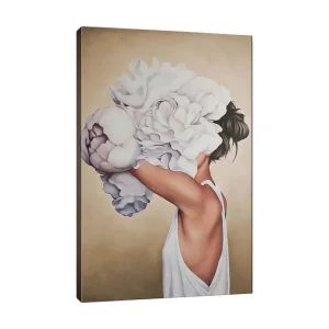 Canvastavla - Kvinnlig silhuett med stora vita blommor som döljer ansiktet Vit / Beige / Ljusrosa - Inredning Begränsat erbjudande